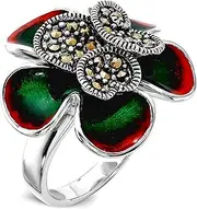 [JewelryWeb] 925 Sterling Silver Artisan Oxidized Marcasite and Enamel Flower Ring Band Style-Ring for Women