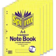 NEW 5x Spirax 596 5-Subject Notebook 7mm Ruled Spiral Bound 250 Page A4 Pack
