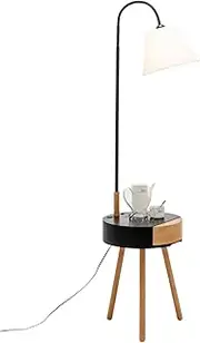 [New Oriental] Rubberwood Floor Lamp with Shade and Wireless Charger Shelf Storage Drawer, Natural/Matte Black