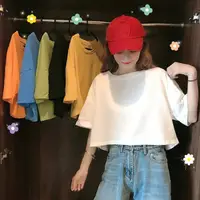 在飛比找momo購物網優惠-【D.studio】韓版寬鬆素色短版上衣(短袖上衣 短袖t恤