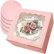 qiqee Pink 20.32x20.32x12.7cm Cake Box, 5 Pcs Box with Window ＆ 5 Pcs 20.32cm Round Boards, 20.32inch Cake Containers(8x8x5 Inch)