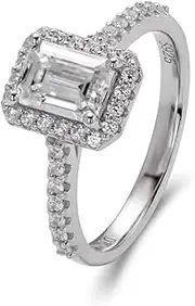 [Moisza] Emerald Cut Pave Halo 1/2 Carat D Color VVS Moissanite Diamond S925 Engagement Ring