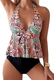 [FreSea] Tankini Swimsuits for Women Flowy V-Neck Two Piece Swimsuit Back Hollow Out Bathing Suit with Wide Straps Womens Swimwear