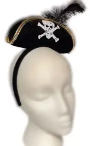 Mini PIRATE HAT HEADBAND Skull & Bones Black Plush Feather Cap Buccaneer Costume