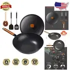 Flat Bottom 13" Carbon Steel Wok Set with Lid and Utensils for Versatile Cooking