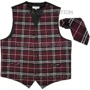 New Vesuvio Napoli Men's plaid checkered Tuxedo Vest Waistcoat_Necktie Burgundy