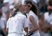 Mary Joe Fernandez USA Steffi Graf of Germany kiss after their Wom- Old Photo
