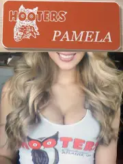 ~NEW~ PAMELA HOOTERS Girl Uniform Collectible Pin Back Badge Tag Orange NAME TAG