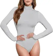 [Caihoyu] Grey Neutral Solid Color Pure Plain long sleeve Bodysuit Tops for Women Dressy Shapewear Top Sexy Tops for Women Mock Turtle Neck, Color 1
