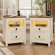 Dystler Farmhouse Nightstand Set of 2 with Hidden Drawer, End Table with Charging Station, LED Bedside Table with Human Sensor Light, Rattan Night Stand for Bedroom, White