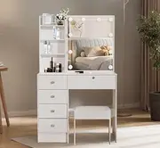 Vanity Desk with LED Lighted Mirror, 5 Drawers, Makeup Table with Shelves, Vanity Table and Chair Set Makeup Table Set with Cushioned Stool