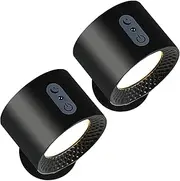 LED Wall Sconce 2pack,Double Side Light Battery Operated Wall lamp,Wall Mounted Lamp 3 Color Temperatures 3 Brightness Levels,360° Rotating Night Light for Bedroom (Black)