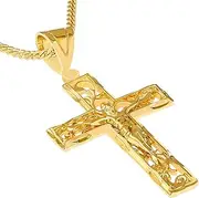 [Lifetime Jewelry] Crucifix Necklace, Large Filigree Cross, 24K Gold Over Bronze (with or Without 20" Chain)