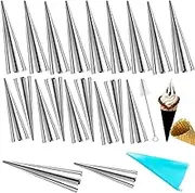 20 Pcs Non-Stick Cream Horn Molds, Ice Cream Egg Roll Cannoli Tubes, Forms Tubes Kits, Croissant Roller, Big Size Stainless Steel Cream Horn Mold for DIY Cooking Danish Pastry Lady Lock Form