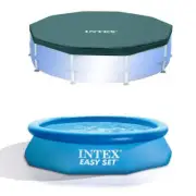 Intex Round Swimming Pool Cover + Inflatable Pool Set 10 ft. x 120 in. PVC Blue