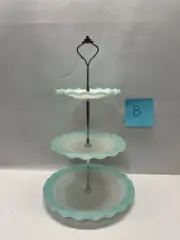 Hazel Atlas BLUE Ripple Crinoline 3 TIER TIDBIT DESSERT TRAY Silver HARDWARE #B