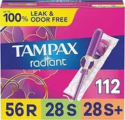 Tampax Radiant Plastic Tampons, Regular/Super/Super Plus Absorbency Triplepack, Unscented, 28 Count, Pack of 4 (Total 112 Count)