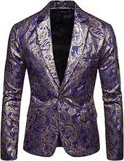 [Aosufei] Men's Blazer Stylish Print Floral Suit Jacket Lightweight Wedding Tuxedo Jacket Lapel One Button Suit Coat, Royal Blue1, Large
