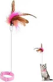 SAVITA Cat Teaser Wand Toy, Cat Teasing Wand Collar Silicone Adjustable Cat Wand Toy Feather with Bell Cat Interactive Teaser Toys for Indoor Cat Kittens Playing Exercise (Pink)