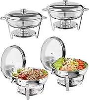 Chafing Dish Buffet Set of 4 Pack, Round Stainless Steel Food Warmers Buffet Servers Sets with Food & Water Pan, Lid, Frame, Fuel Holder for Catering and Parties