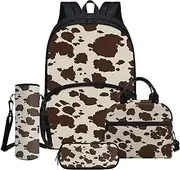 [Drydeepin] Cute Brown Cow Cowhide Print 4Pcs School Bags Set for Teens Boys Girls Large Capacity Backpack and Lunch Box Set with Water Bottle Holder Bag Pencil Case Middle School Student Bookbag