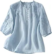 [Franterd] Women's Plus Size 3X Red/Black Floral Cotton Linen Tunic Top with Short Sleeves