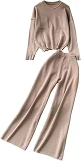 [Generic] Casual 2PC Suits Women O-Neck Pockets Pullover Sweater High Waist Wide Leg Pants Lounge Sets Tracksuit