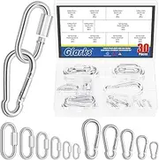 Glarks 30pcs 2 Styles M3.5/4/5/6/7/8 Quick Link Chain Connector and Spring Snap Hooks Carabiner Set, 16pcs D Shape Locking Carabiner and 14pcs Spring Carabiner Clips for Camping, Riging