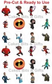 24x THE INCREDIBLES 2 CHARACTERS Edible Wafer Cupcake Toppers PRECUT Ready 2 Use