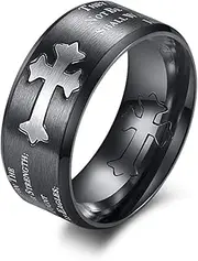 RIUKIU Brushed Titanium Steel Cross Engraved Ring, Fashionable Stainless Steel Ladies Ring,Black,10