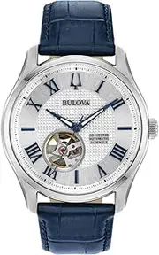 [Bulova] Men's Classic Wilton 26-Jewel Automatic Leather Strap Watch, 40 Hour Power Reserve, Domed Sapphire Crystal, Exhibition Case Back, Luminous Hands, 43mm
