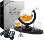 Skull Decanter Set For Whiskey Wooden Base Shot Glasses Ice Cube Trays Dispenser