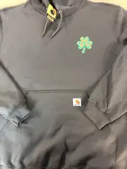 New Medium Moss Green Carhartt Hoodie Embroidery Irish Shamrock OrangeGreenPlaid