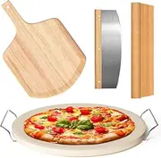 5 PCS Round Pizza Stone Set, 13" Pizza Stone for Oven and Grill with Pizza Peel(OAK),Serving Rack, Pizza Cutter & 10pcs Cooking Paper for Free, Baking Stone for Pizza, Bread