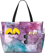 [Ghjkfbf] Abstract Marble Print Large Capacity Beach Travel Bag For Family, Beach Tote Bag For Women With Zipper Pockets, Black, One Size