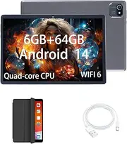Kids Tablet 10 inch Android 14 A5 Gaming Tablets Quad-Core 1.6GHz Processor 6GB RAM 64GB ROM 1TB Expand, 1280x800 HD Touch Screen, Dual Camera, WiFi Bluetooth 5.0, 6000mAh Battery, Tablet Case