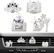 Rislobx 4PCS Bling Car Air Freshener Vent Clip, Crystal Diamond High Heel Shoe Bag Crown Perfume Bottle Car Diffuser Vent Clip Cute Car Bling Accessories Decoration for women (Silver)