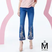 在飛比找momo購物網優惠-【MYVEGA 麥雪爾】MA繡花工藝刷色小喇叭牛仔褲-藍