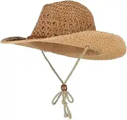 [F Fityle] Unisex Mens Womens Boys Girls Sun Hat Wide Brim Woven Western Straw Cowboy Hat - Khaki, Adult