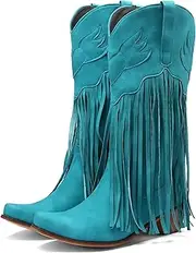 [Meefit] Women Fringe Cowboy Boots Square Toe Mid Calf Embroidered Western Boots,Tassel Cowgirl Boots Stacked Heel Retro Boots