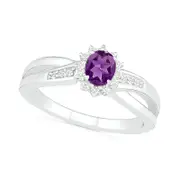 Oval Amethyst and Lab-Created White Sapphire Starburst Frame Crossover Split Shank Ring in Sterling Silver