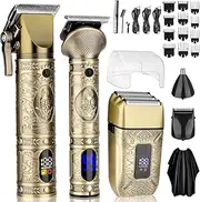 Cordless Hair Clippers for Men, 3-in-1 Grooming Kit with Beard & Nose Hair Trimmer, Electric Shaver with LED Display and Hair Cutting Kit (Brass)