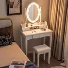 Vanity Table & Stool Set w/Mirror & Lights, Makeup Vanity Desk with 3-Color Dimm