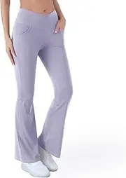 [Generic] Women's Flared Leggings with Pockets Crossover Yoga Pants with Tummy Control High Waist Wide Leg Bootcut Workout Gym