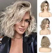 14 inch Short Curly Wavy Bob Wigs for Women Dirty Blonde Wavy Wigs with Side Bangs Synthetic Hair Wig