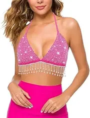 [Naimo] Women's Rhinestone Crop Cami Top with Fringes V-Neck Halterneck Backless Tank Top Party Belly Dance Bra Top Costumes