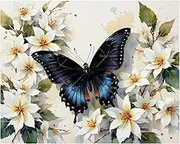 Butterfly and Blooms Paint by Numbers Kit for Adults - DIY Dark Butterfly with White Flowers Painting on Canvas 16x20 Inches,Acrylic Paint Set,Suitable for Beginners,Art for Decoration/Gifts