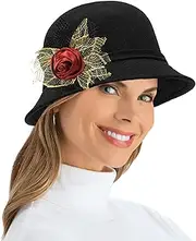 [CaySep] Women Vintage Black Felt Cloche Fedora Hat Lady Bucket Winter Flower Cap