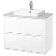 ÄNGSJÖN / BACKSJÖN wash-stnd w drawers/wash-basin/tap, high-gloss white/grey stone effect, 82x49x71 cm