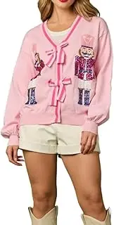 [NUFIWI] Women Christmas Cute Graphic Sequin Cardigan Button Down Open Front Knit Sweaters Nutcracker Glitter Knitwear Tops